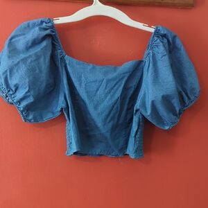 Blue Crop Top With Puffy Short Sleeves Size Large
